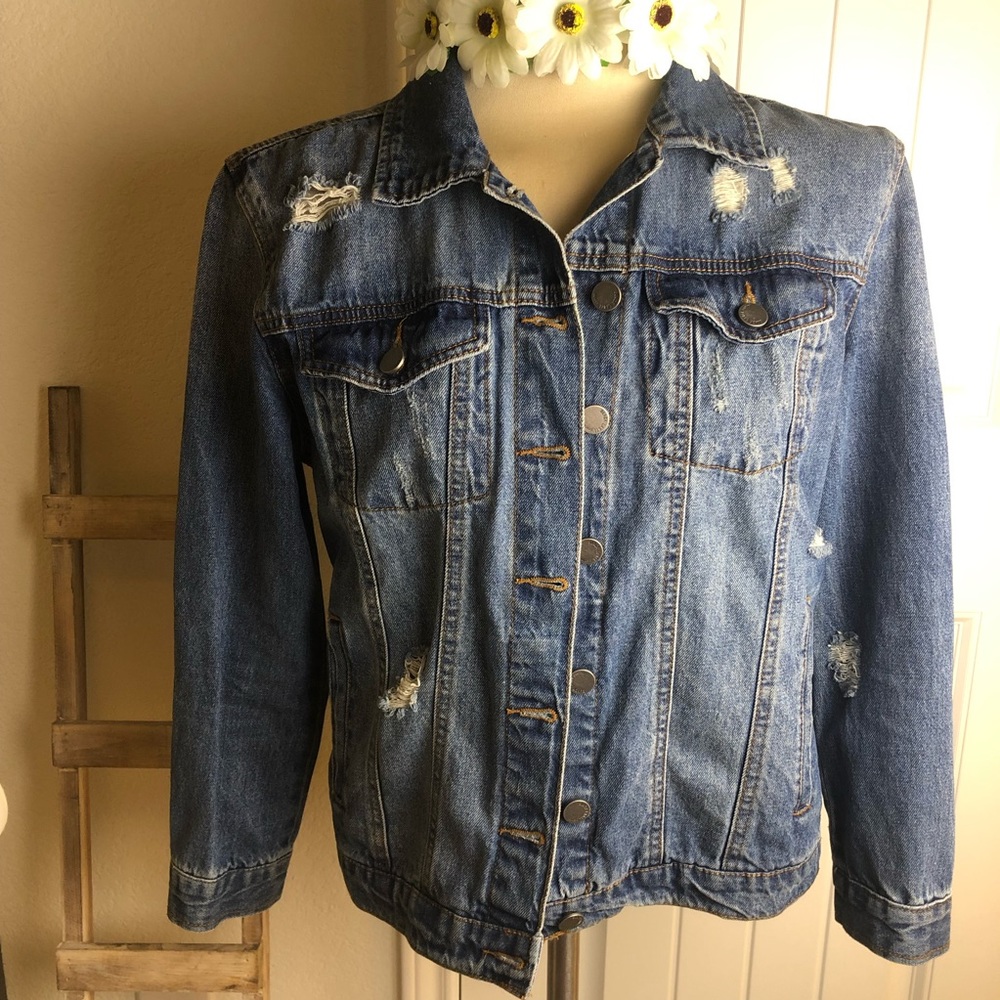 Distressed denim jean jacket